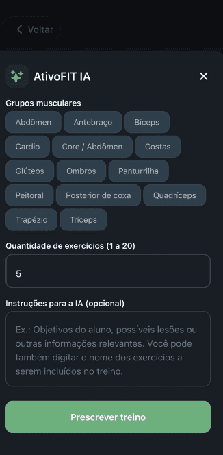 AtivoFit - Tela de prescrição de treino com IA